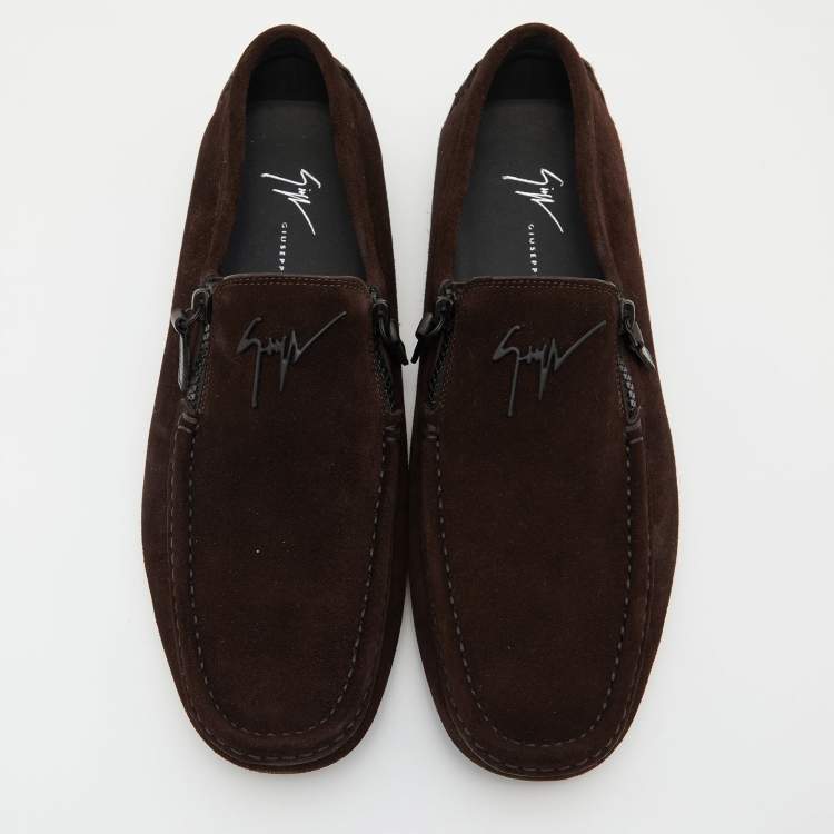 Pre Owned Giuseppe Zanotti Brown Suede Zip Detail Driving Loafers Size 43