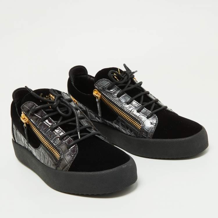 Pre Owned Giuseppe Zanotti Black Croc Embossed and Velvet Frankie Sneakers Size 43