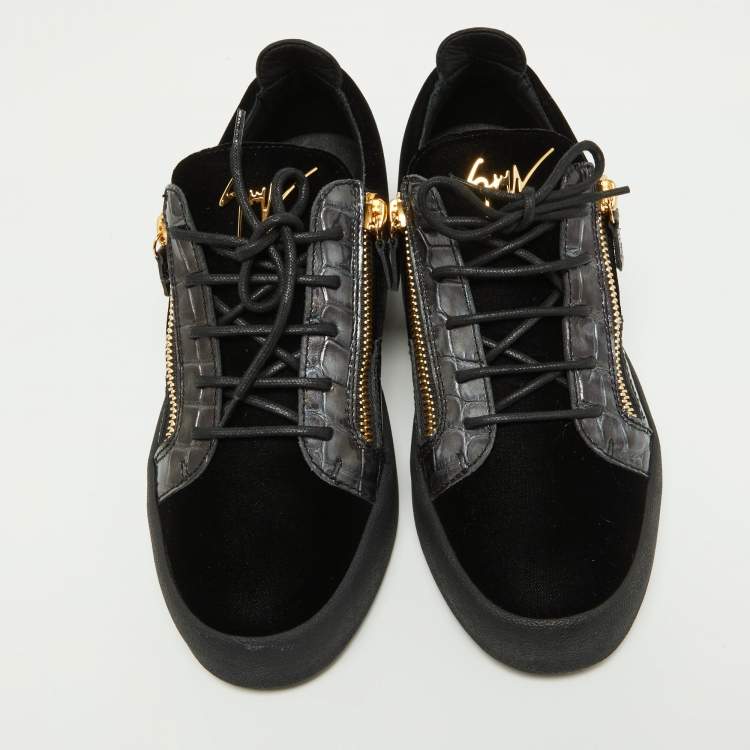 Pre Owned Giuseppe Zanotti Black Croc Embossed and Velvet Frankie Sneakers Size 43