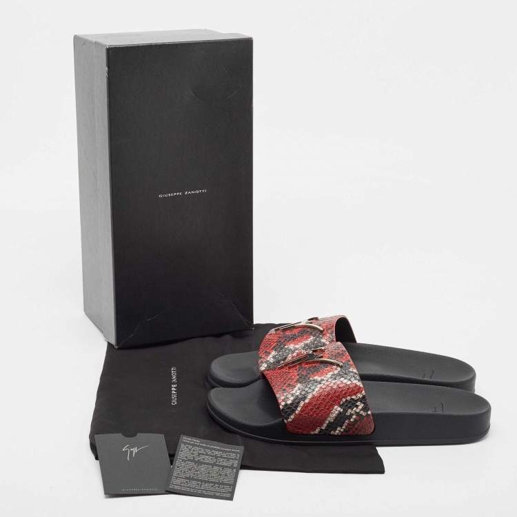 Pre Owned Giuseppe Zanotti Red/Black Python Embossed Leather Newburel Slide Flats Size 43