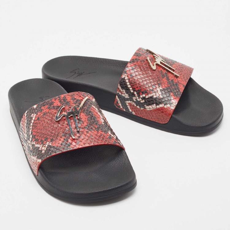 Pre Owned Giuseppe Zanotti Red/Black Python Embossed Leather Newburel Slide Flats Size 43