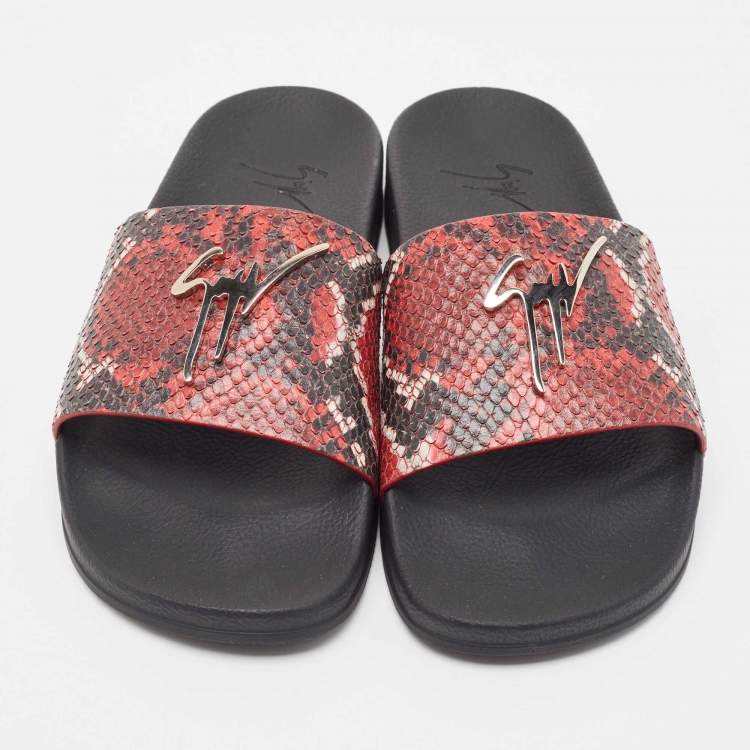 Pre Owned Giuseppe Zanotti Red/Black Python Embossed Leather Newburel Slide Flats Size 43