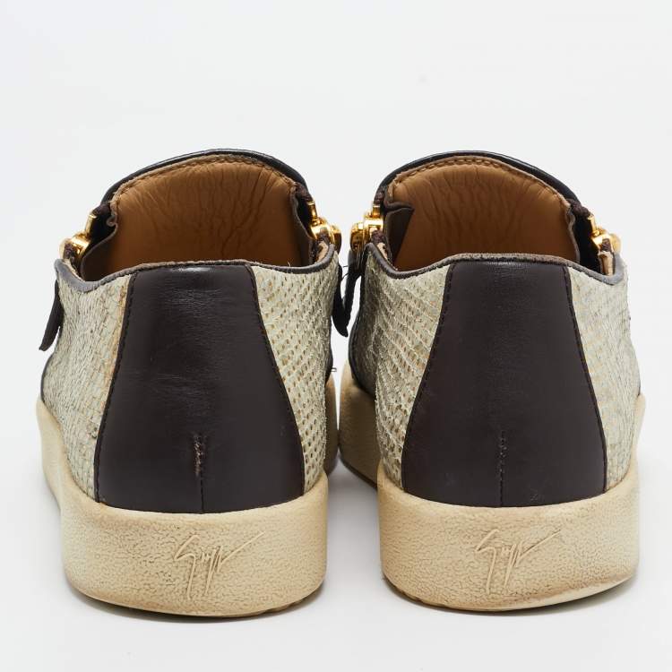 Pre Owned Giuseppe Zanotti Beige Snakeskin Embossed Leather Zip Detail Sneakers Size 41