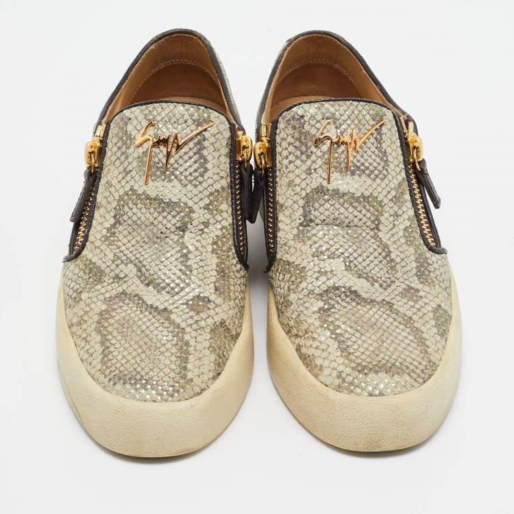 Pre Owned Giuseppe Zanotti Beige Snakeskin Embossed Leather Zip Detail Sneakers Size 41