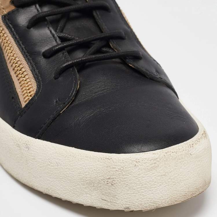 Pre Owned Giuseppe Zanotti Beige/Black Leather and Suede Frankie Lace Up Sneakers Size 44