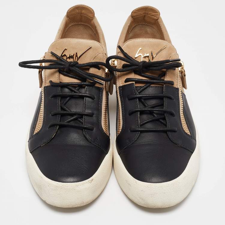 Pre Owned Giuseppe Zanotti Beige/Black Leather and Suede Frankie Lace Up Sneakers Size 44