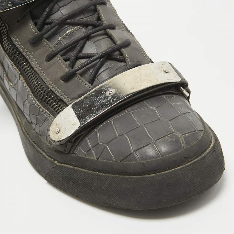 Pre Owned Giuseppe Zanotti Grey Croc Embossed Leather High Top Sneakers Size 46