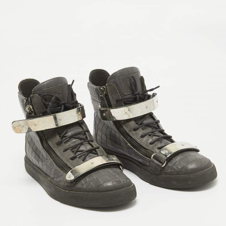 Pre Owned Giuseppe Zanotti Grey Croc Embossed Leather High Top Sneakers Size 46