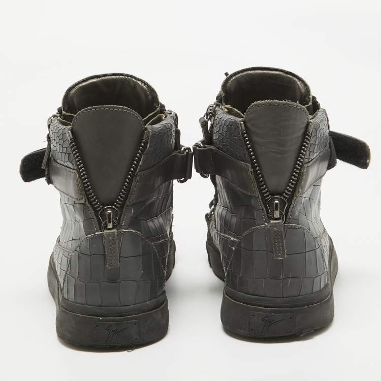 Pre Owned Giuseppe Zanotti Grey Croc Embossed Leather High Top Sneakers Size 46