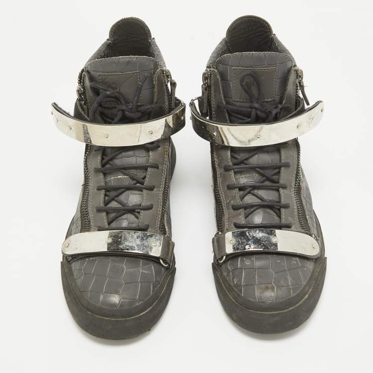 Pre Owned Giuseppe Zanotti Grey Croc Embossed Leather High Top Sneakers Size 46