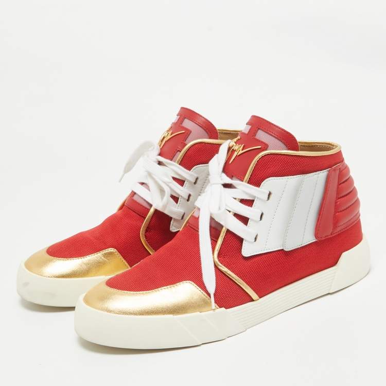 Pre Owned Giuseppe Zanotti Red/Gold Leather Foxy London High Top Sneakers Size 44