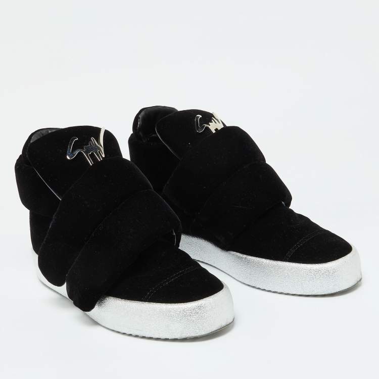 Pre Owned Giuseppe Zanotti Black Velvet Double Velcro Strap High Top Sneakers Size 43