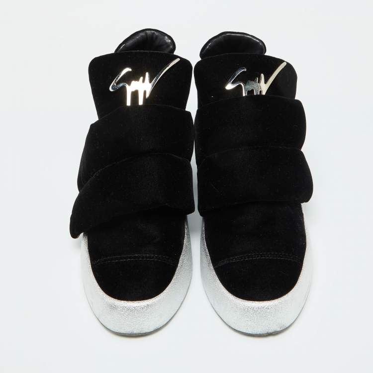 Pre Owned Giuseppe Zanotti Black Velvet Double Velcro Strap High Top Sneakers Size 43