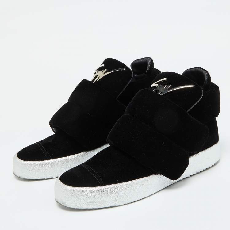 Pre Owned Giuseppe Zanotti Black Velvet Double Velcro Strap High Top Sneakers Size 43