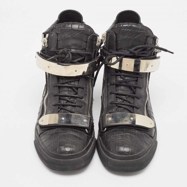 Pre Owned Giuseppe Zanotti Black Croc Embossed Leather Coby High Top Sneakers Size 43.5