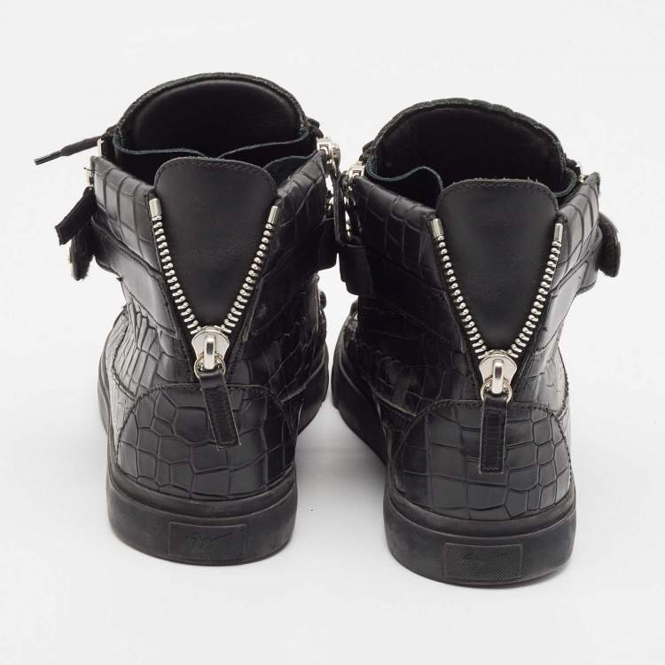 Pre Owned Giuseppe Zanotti Black Croc Embossed Leather Coby High Top Sneakers Size 43.5