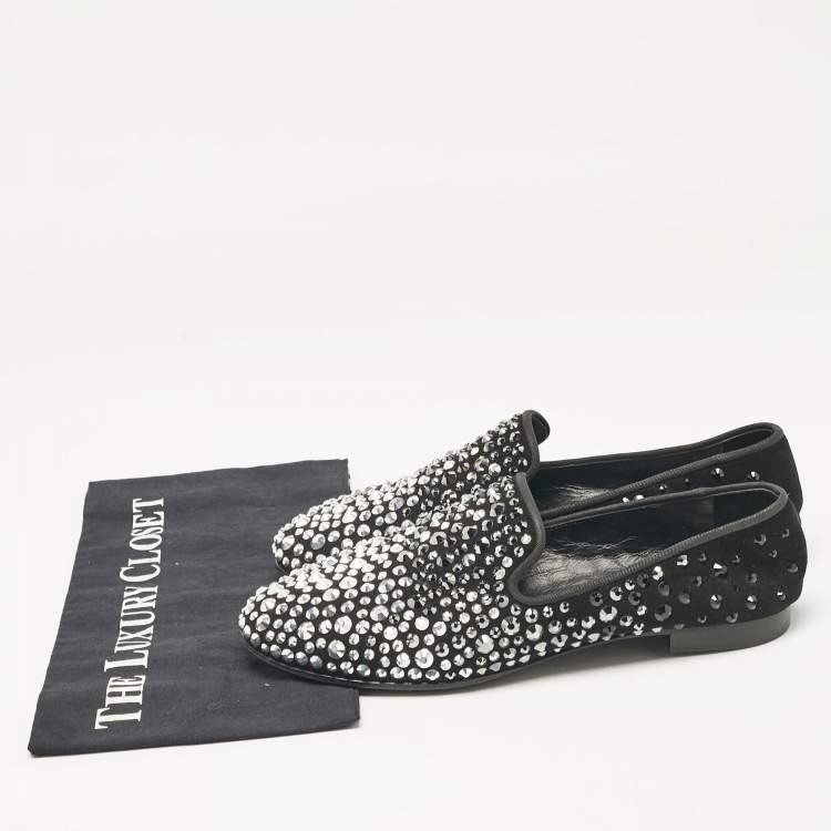 Pre Owned Giuseppe Zanotti Black Crystal Embellished Suede Smoking Slippers Size 40