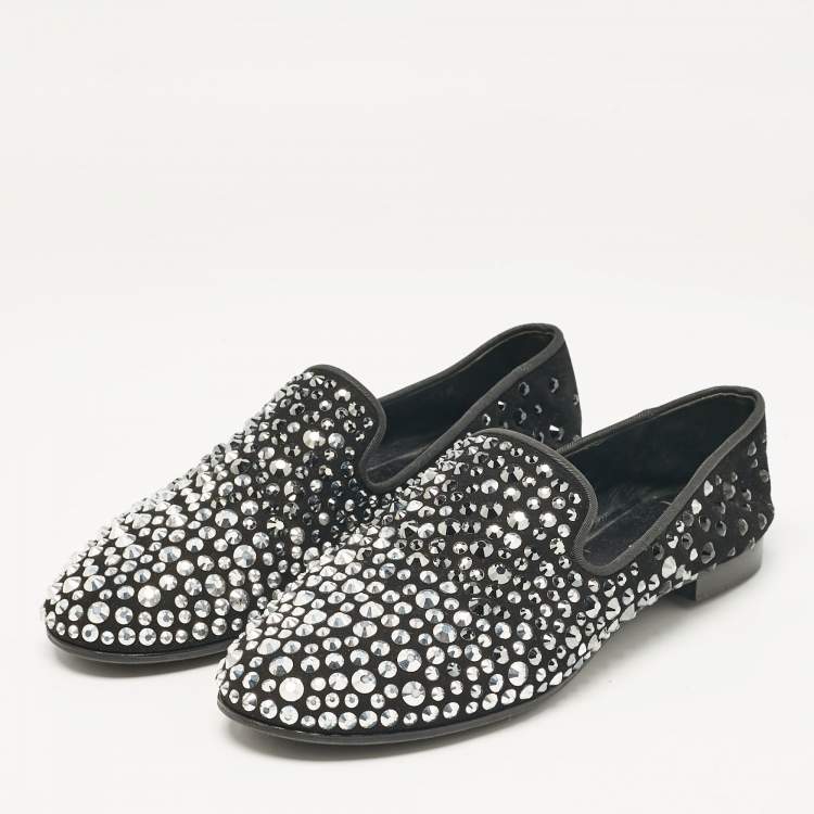 Pre Owned Giuseppe Zanotti Black Crystal Embellished Suede Smoking Slippers Size 40