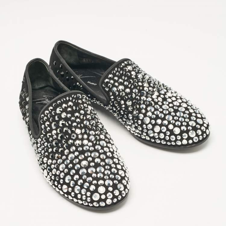 Pre Owned Giuseppe Zanotti Black Crystal Embellished Suede Smoking Slippers Size 40