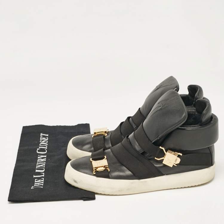 Pre Owned Giuseppe Zanotti Black Leather Double Buckle High Top Sneakers Size 43