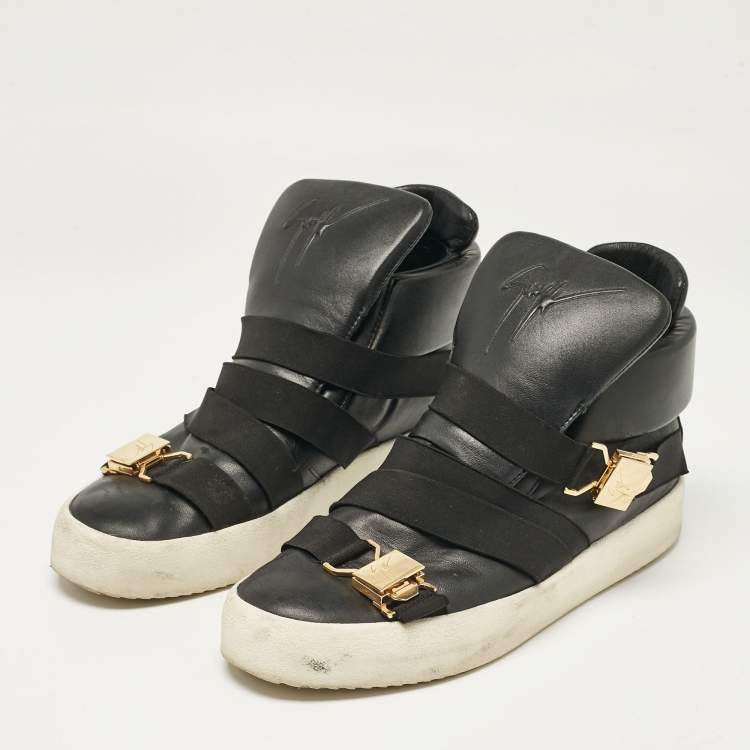 Pre Owned Giuseppe Zanotti Black Leather Double Buckle High Top Sneakers Size 43