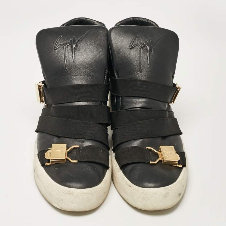 Pre Owned Giuseppe Zanotti Black Leather Double Buckle High Top Sneakers Size 43