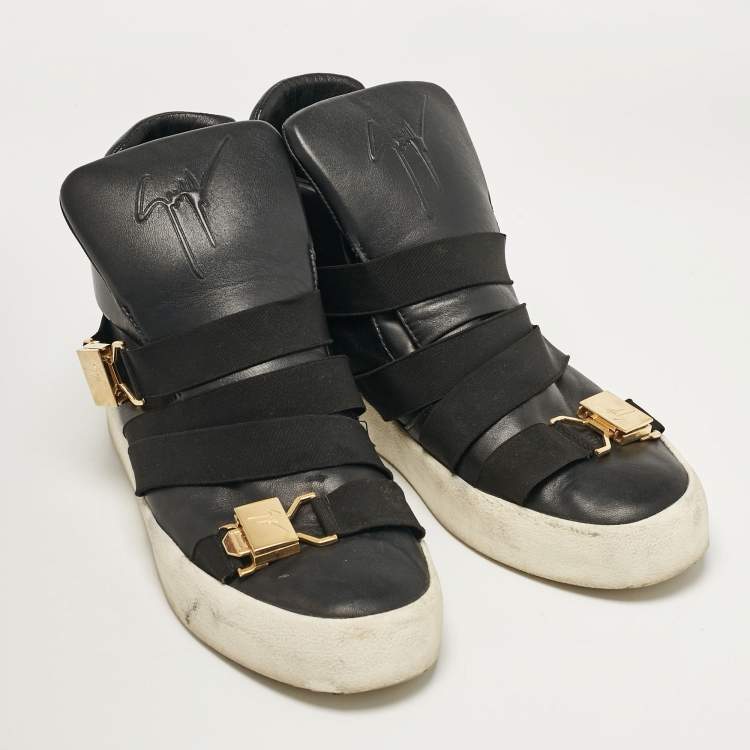 Pre Owned Giuseppe Zanotti Black Leather Double Buckle High Top Sneakers Size 43