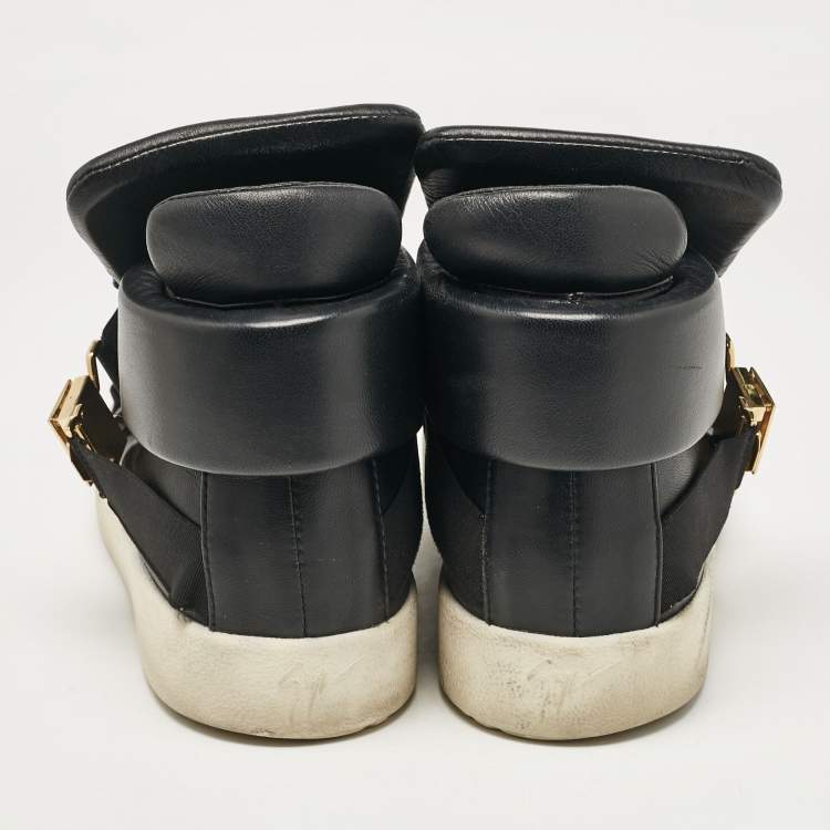 Pre Owned Giuseppe Zanotti Black Leather Double Buckle High Top Sneakers Size 43