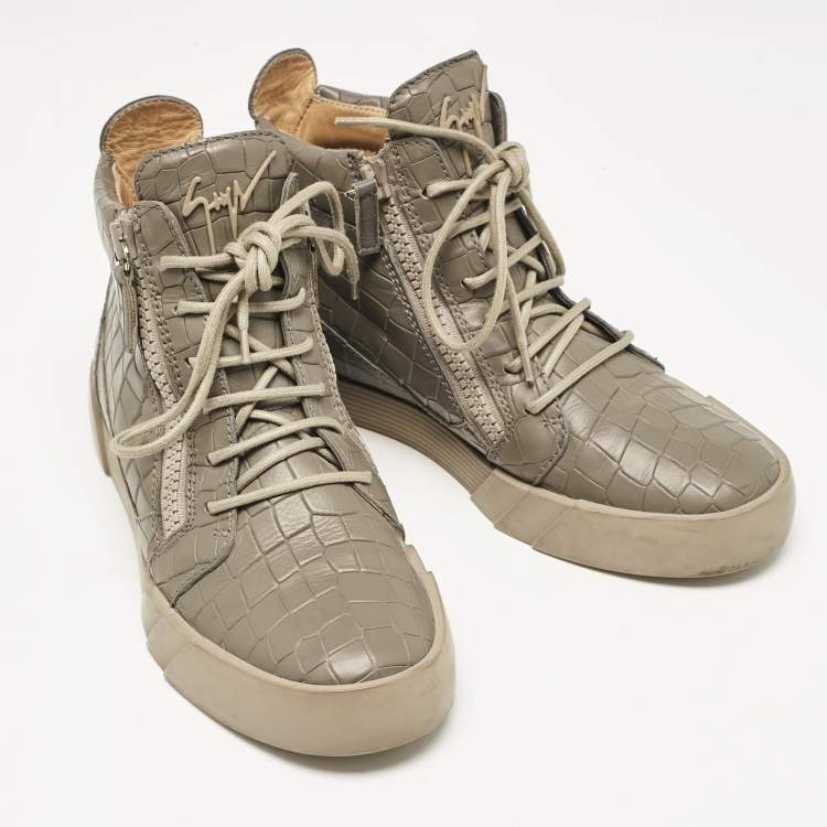 Pre Owned Giuseppe Zanotti Grey Croc Embossed Leather London High Top Sneakers Size 39
