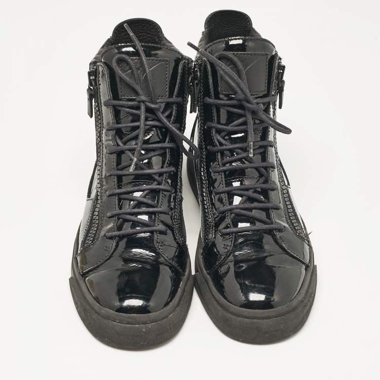 Pre Owned Giuseppe Zanotti Black Leather and Patent Leather London High Top Sneakers Size 43