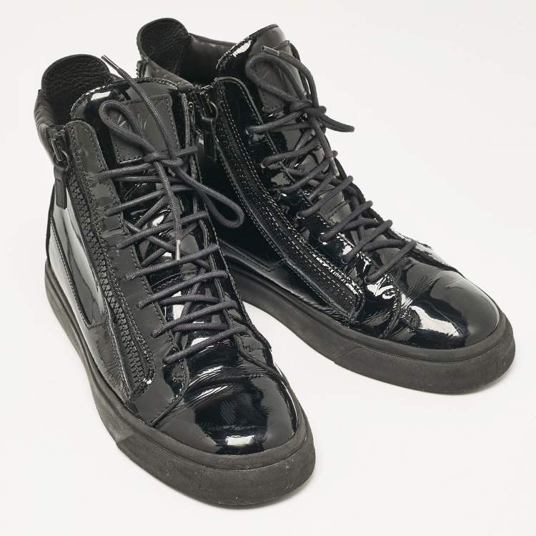 Pre Owned Giuseppe Zanotti Black Leather and Patent Leather London High Top Sneakers Size 43