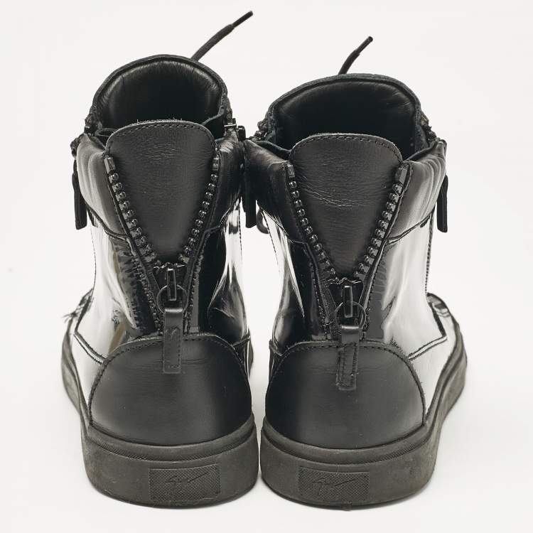 Pre Owned Giuseppe Zanotti Black Leather and Patent Leather London High Top Sneakers Size 43