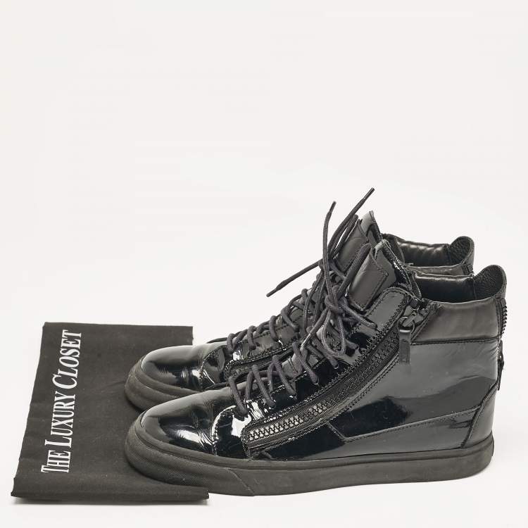 Pre Owned Giuseppe Zanotti Black Leather and Patent Leather London High Top Sneakers Size 43