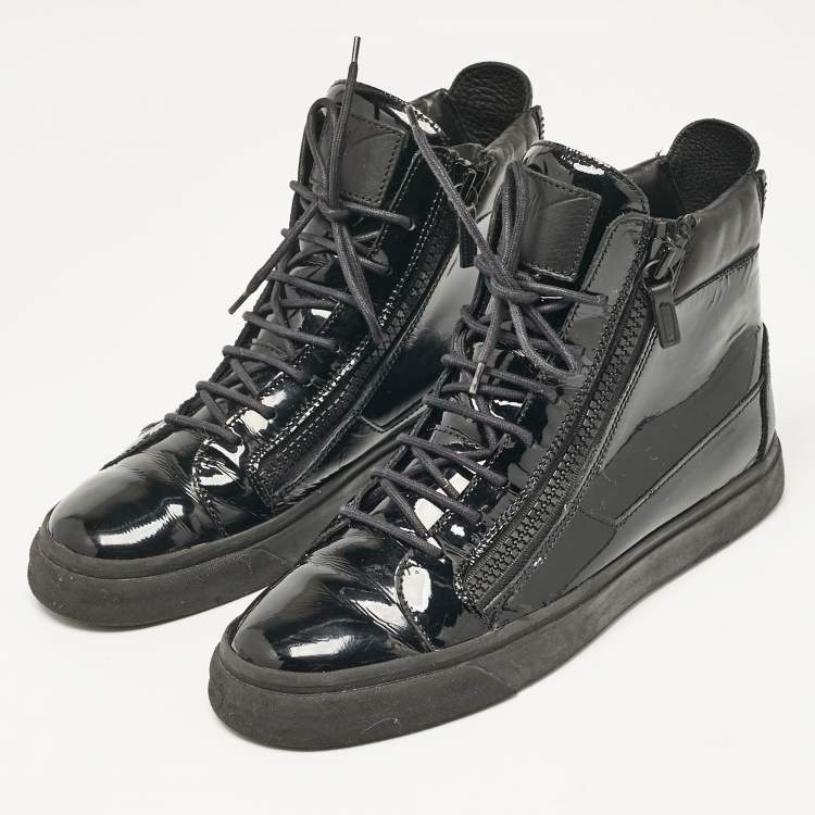 Pre Owned Giuseppe Zanotti Black Leather and Patent Leather London High Top Sneakers Size 43