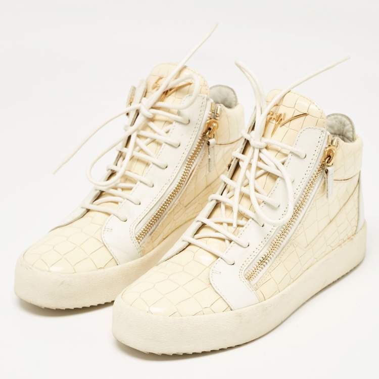 Pre Owned Giuseppe Zanotti Cream Croc Embossed Leather London High Top Sneakers Size 42