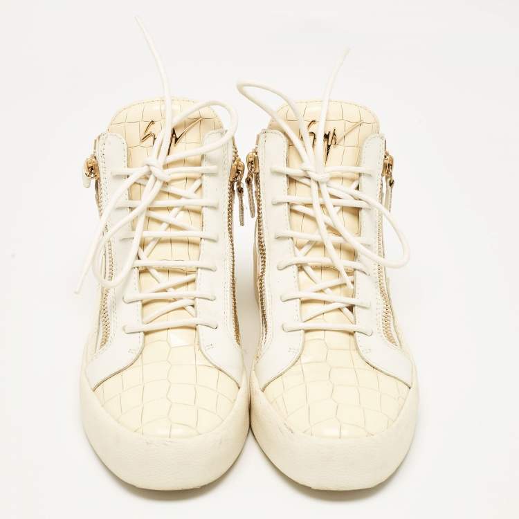 Pre Owned Giuseppe Zanotti Cream Croc Embossed Leather London High Top Sneakers Size 42
