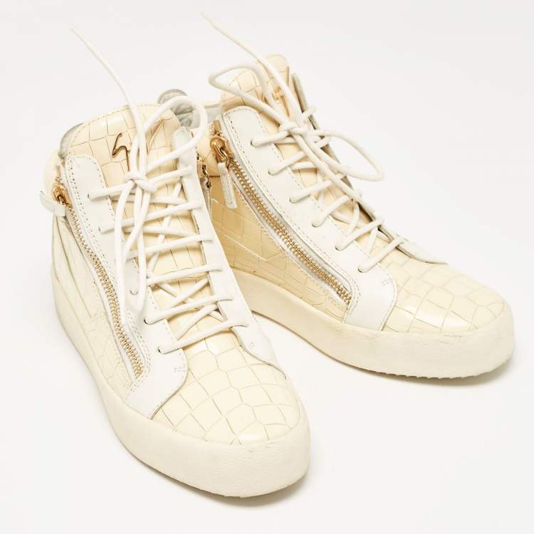 Pre Owned Giuseppe Zanotti Cream Croc Embossed Leather London High Top Sneakers Size 42