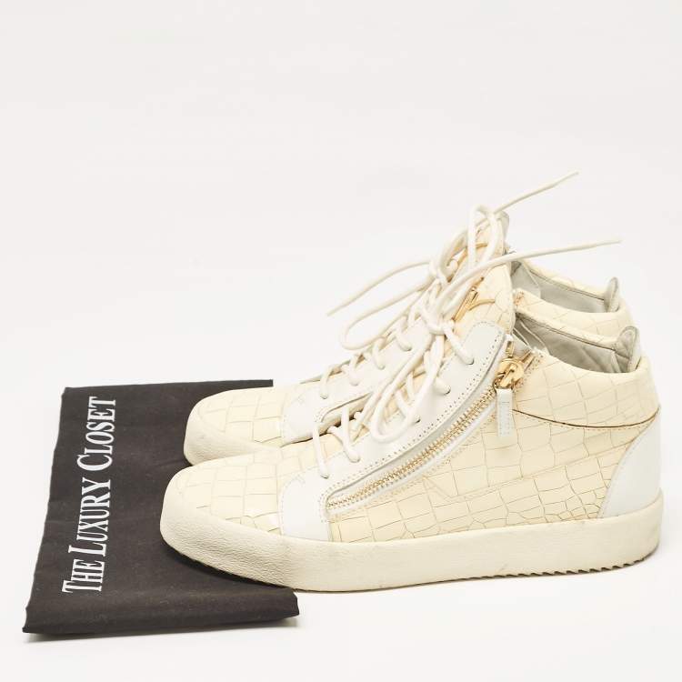 Pre Owned Giuseppe Zanotti Cream Croc Embossed Leather London High Top Sneakers Size 42