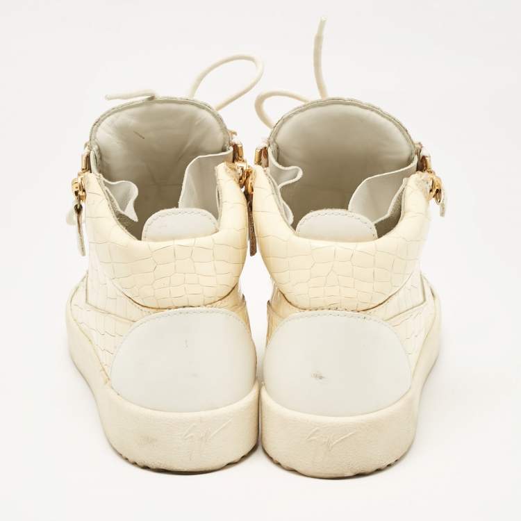 Pre Owned Giuseppe Zanotti Cream Croc Embossed Leather London High Top Sneakers Size 42