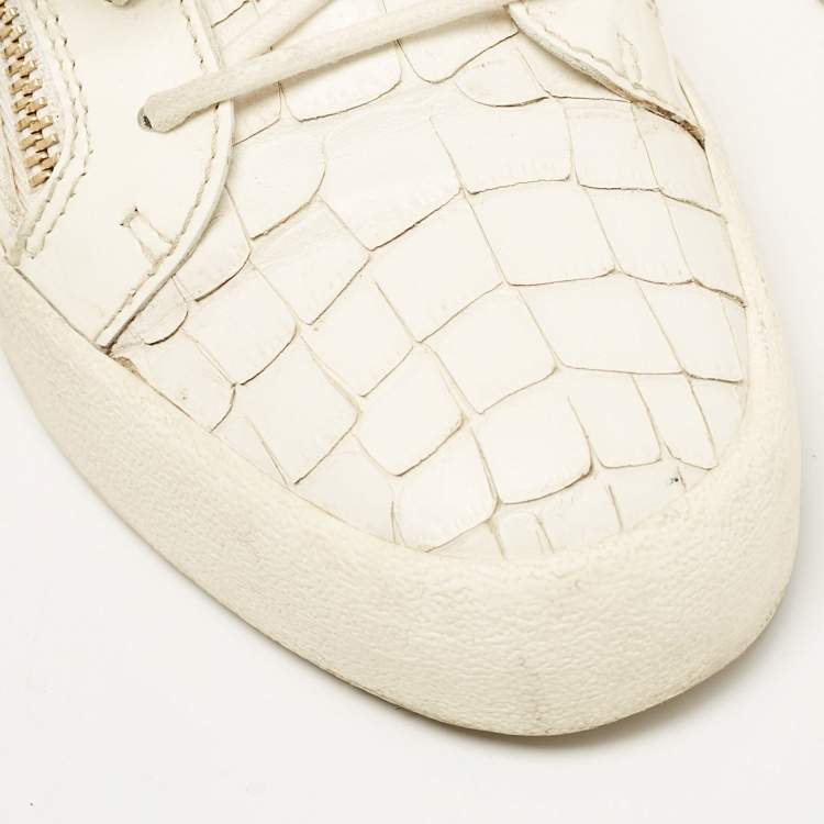Pre Owned Giuseppe Zanotti White Croc Embossed Leather Frankie Low Top Sneakers Size 42