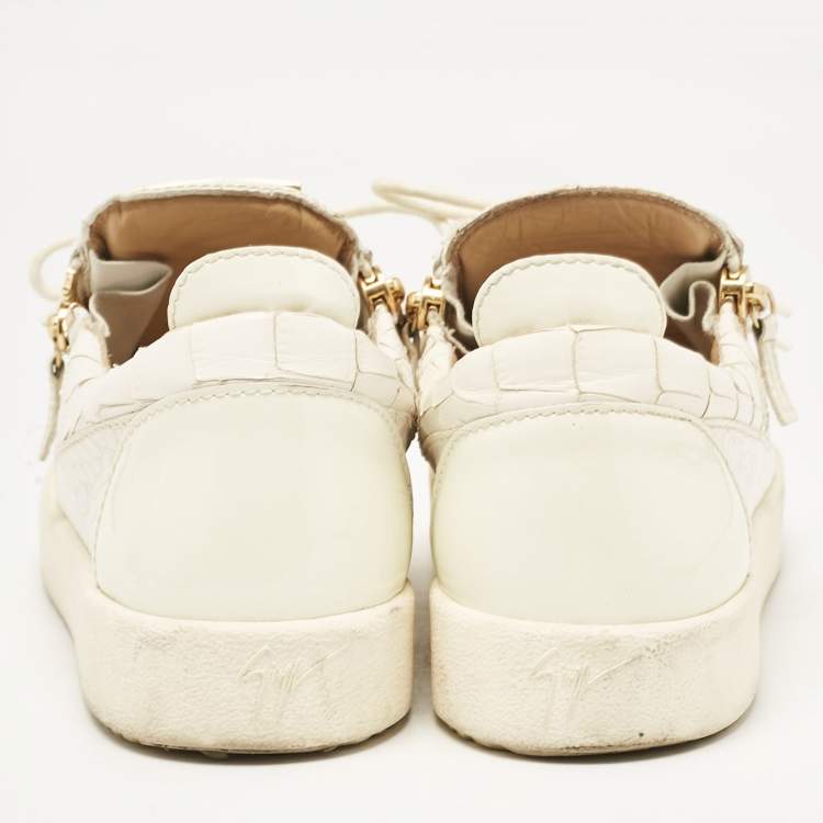 Pre Owned Giuseppe Zanotti White Croc Embossed Leather Frankie Low Top Sneakers Size 42