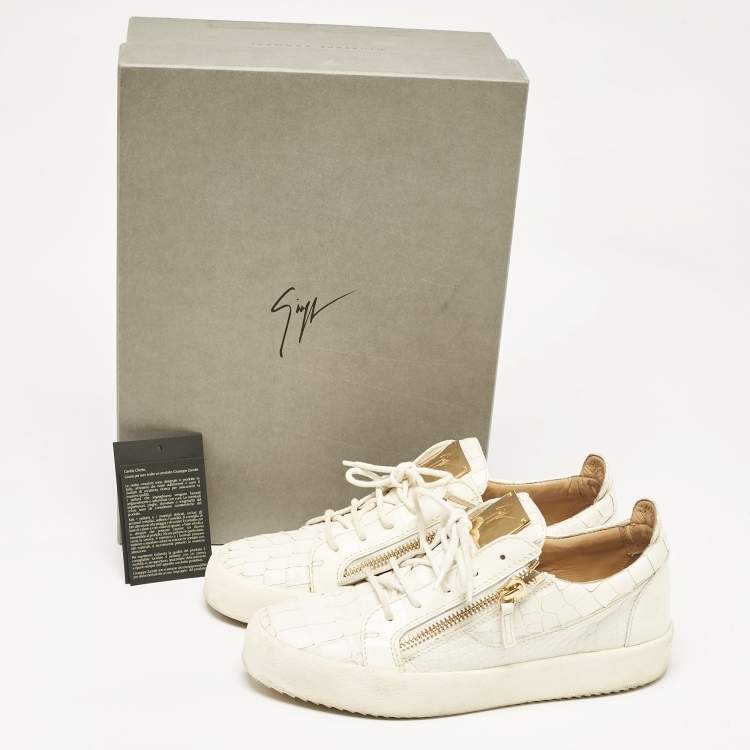 Pre Owned Giuseppe Zanotti White Croc Embossed Leather Frankie Low Top Sneakers Size 42