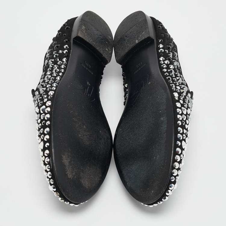 Pre Owned Giuseppe Zanotti Black Suede Crystal Embellished David Smoking Slippers Size 41.5