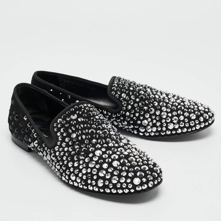 Pre Owned Giuseppe Zanotti Black Suede Crystal Embellished David Smoking Slippers Size 41.5