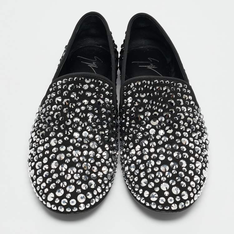 Pre Owned Giuseppe Zanotti Black Suede Crystal Embellished David Smoking Slippers Size 41.5