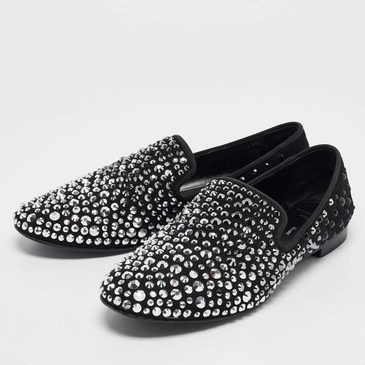 Pre Owned Giuseppe Zanotti Black Suede Crystal Embellished David Smoking Slippers Size 41.5