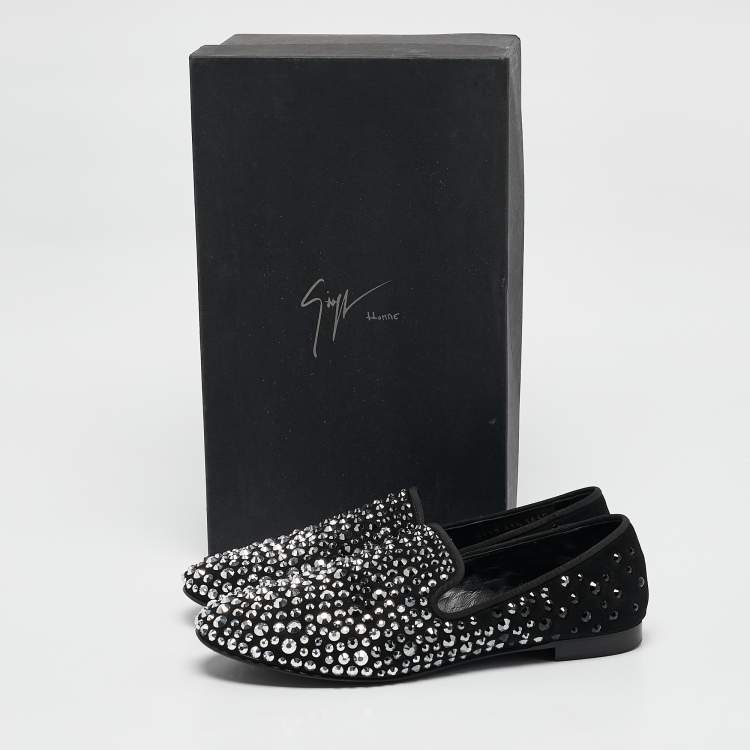 Pre Owned Giuseppe Zanotti Black Suede Crystal Embellished David Smoking Slippers Size 41.5