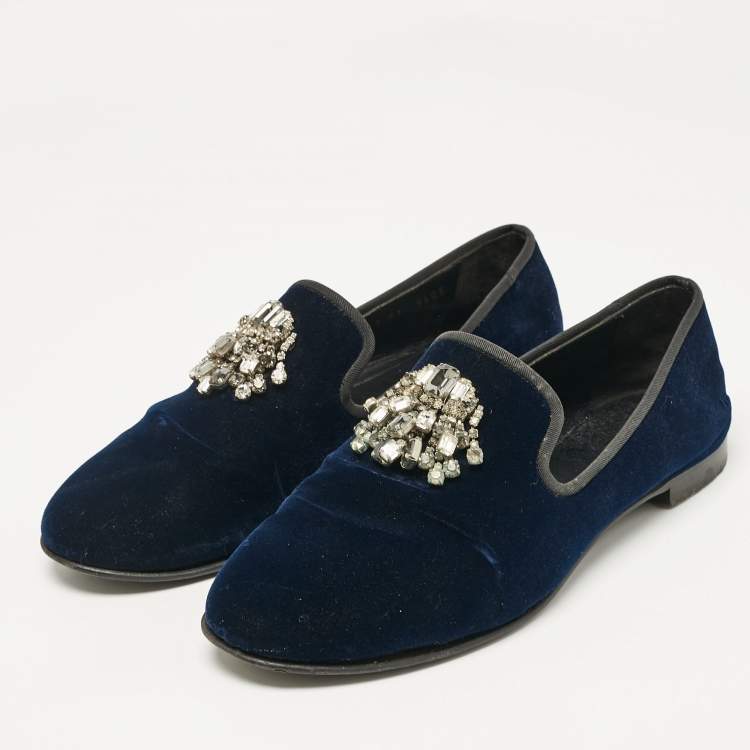 Pre Owned Giuseppe Zanotti Navy Blue Velvet Crystal Embellished Smoking Slippers Size 41