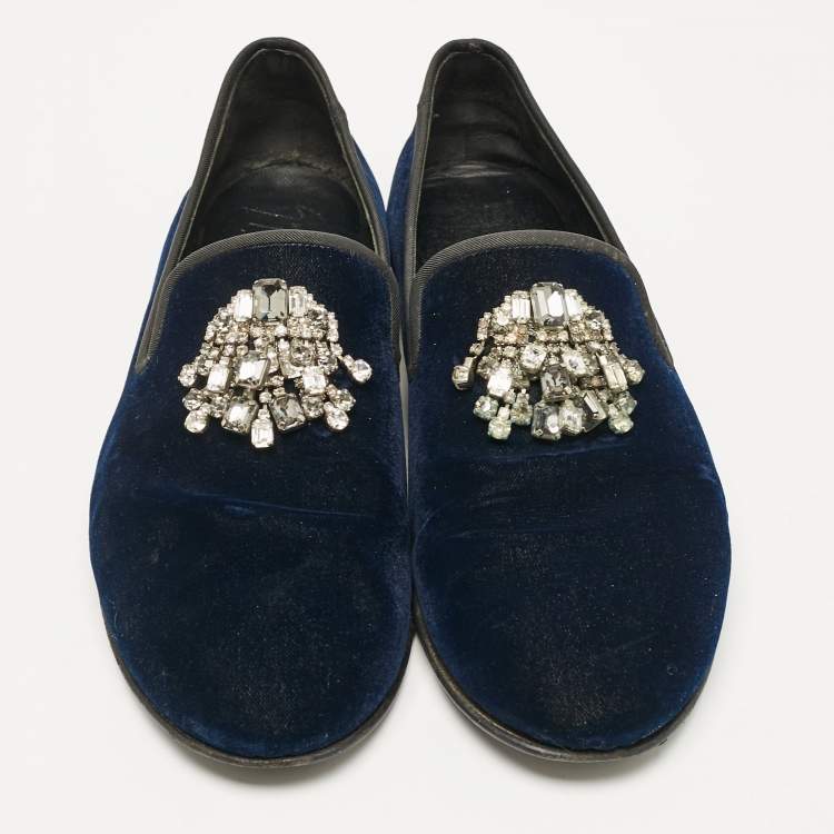 Pre Owned Giuseppe Zanotti Navy Blue Velvet Crystal Embellished Smoking Slippers Size 41