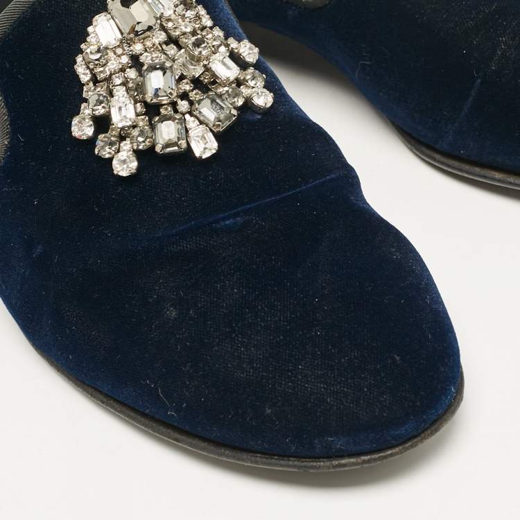 Pre Owned Giuseppe Zanotti Navy Blue Velvet Crystal Embellished Smoking Slippers Size 41